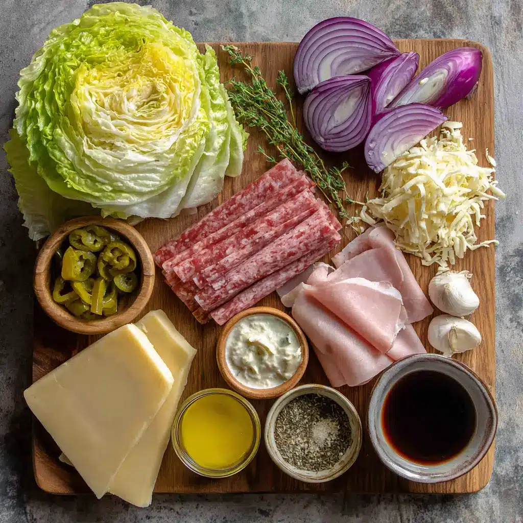Grinder Salad Sandwich Ingredients displayed on a wooden board