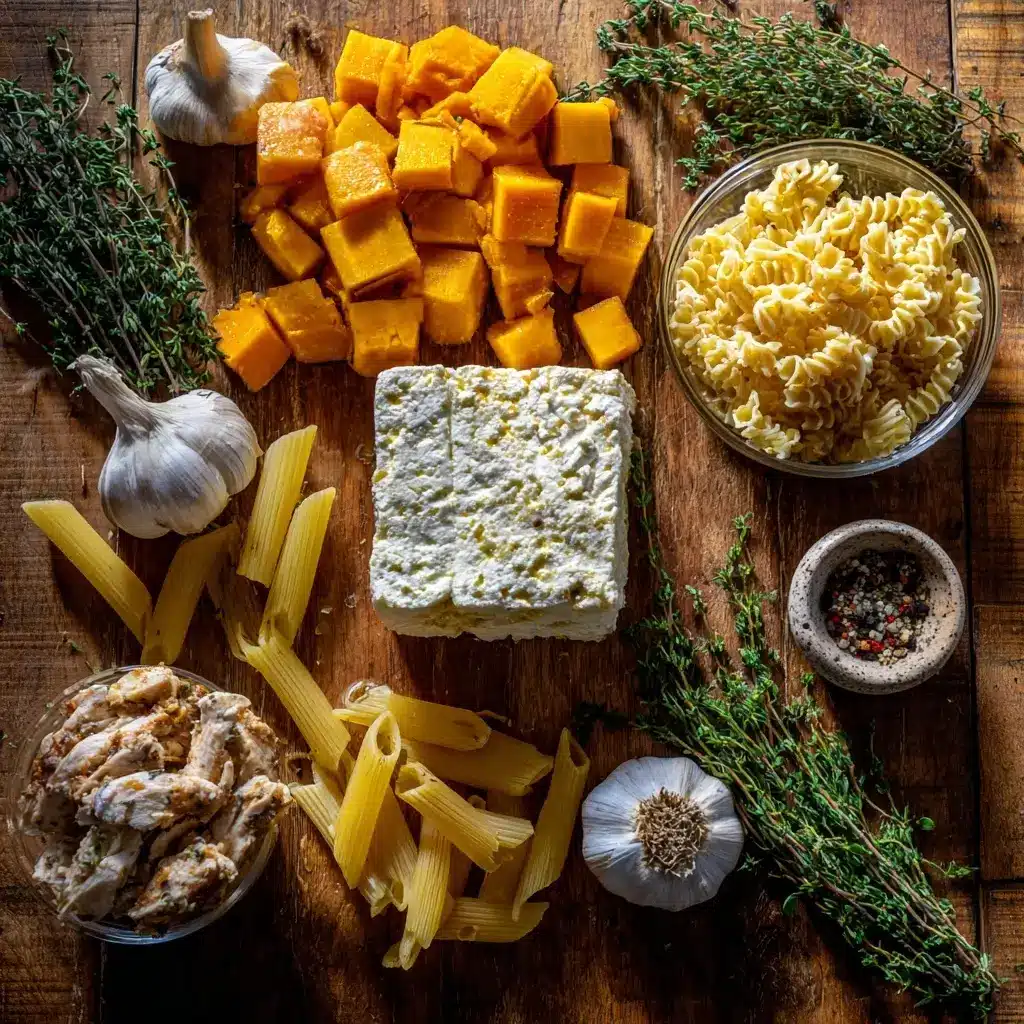 Pumpkin Baked Feta Pasta with Chicken – Cozy, Creamy, and Easy Dinner 5 pumpkin feta pasta ingredients