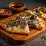 Sliced cottage cheese beef pizza crust ready to serve