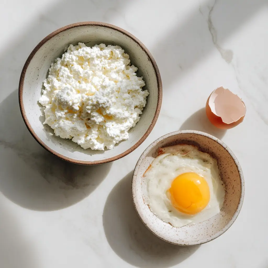 Ingredients for 2-ingredient cottage cheese skillet pizza including cottage cheese and egg
