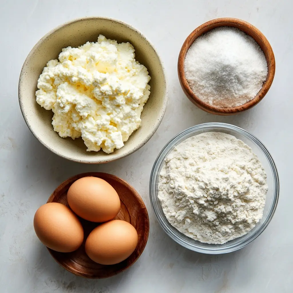 Ingredients for 3-ingredient cottage cheese pizza crust including cottage cheese, eggs, and flour