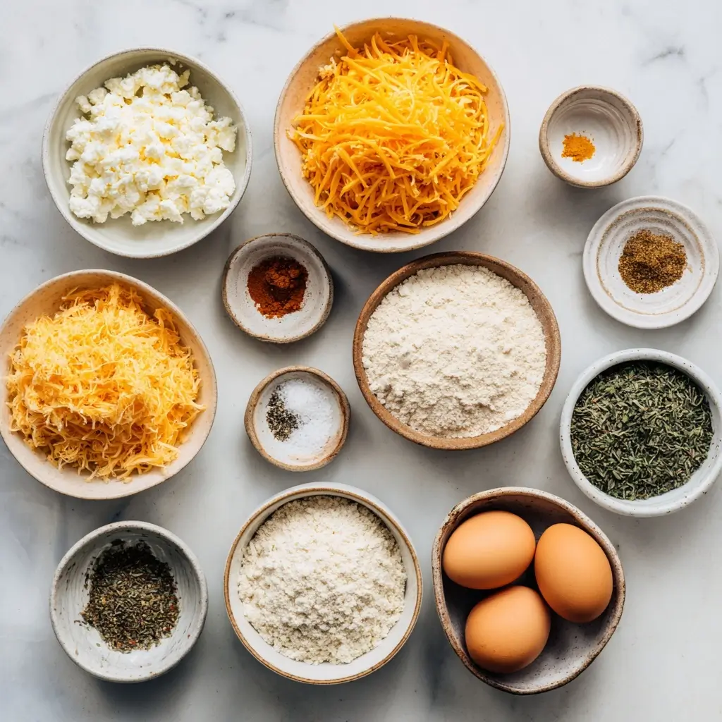 Ingredients for high-protein cheddar and herb snack puffs arranged on a kitchen counter