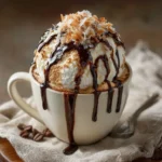 Cottage cheese cinnamon roll mug cake in a white mug with cinnamon swirl