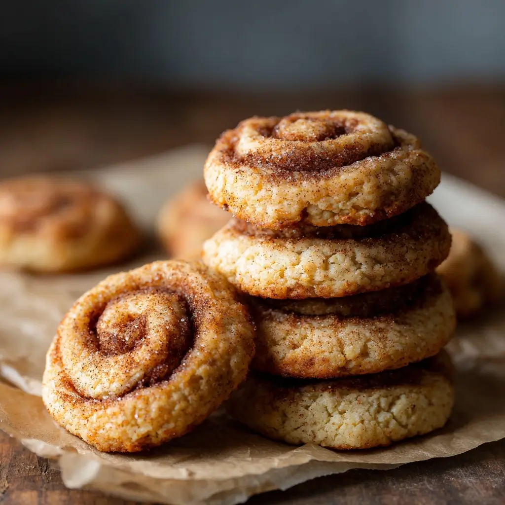 Cottage cheese cinnamon roll breakfast cookies stacked on parchment paper with visible cinnamon swirls