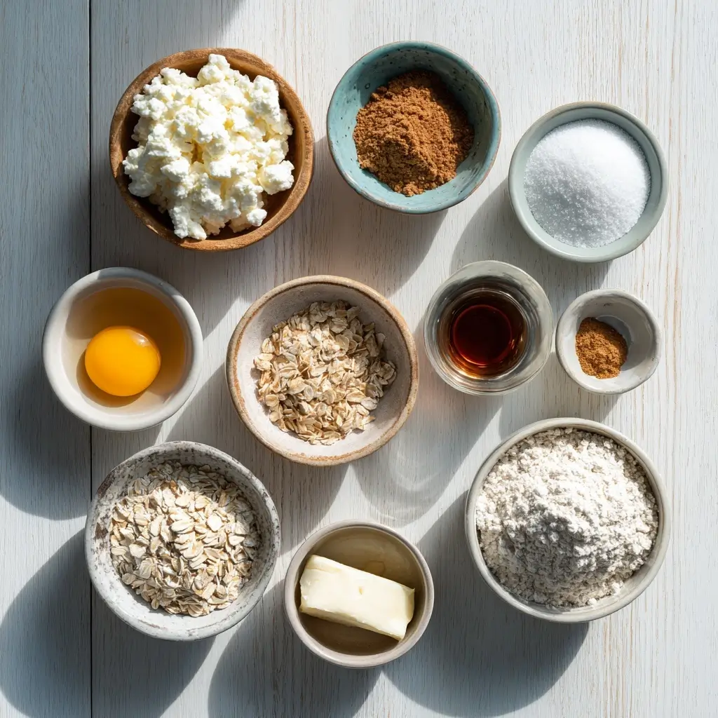 Cottage Cheese Cinnamon Roll Breakfast Cookies 1 Ingredients for cottage cheese cinnamon roll breakfast cookies arranged on a wooden surface