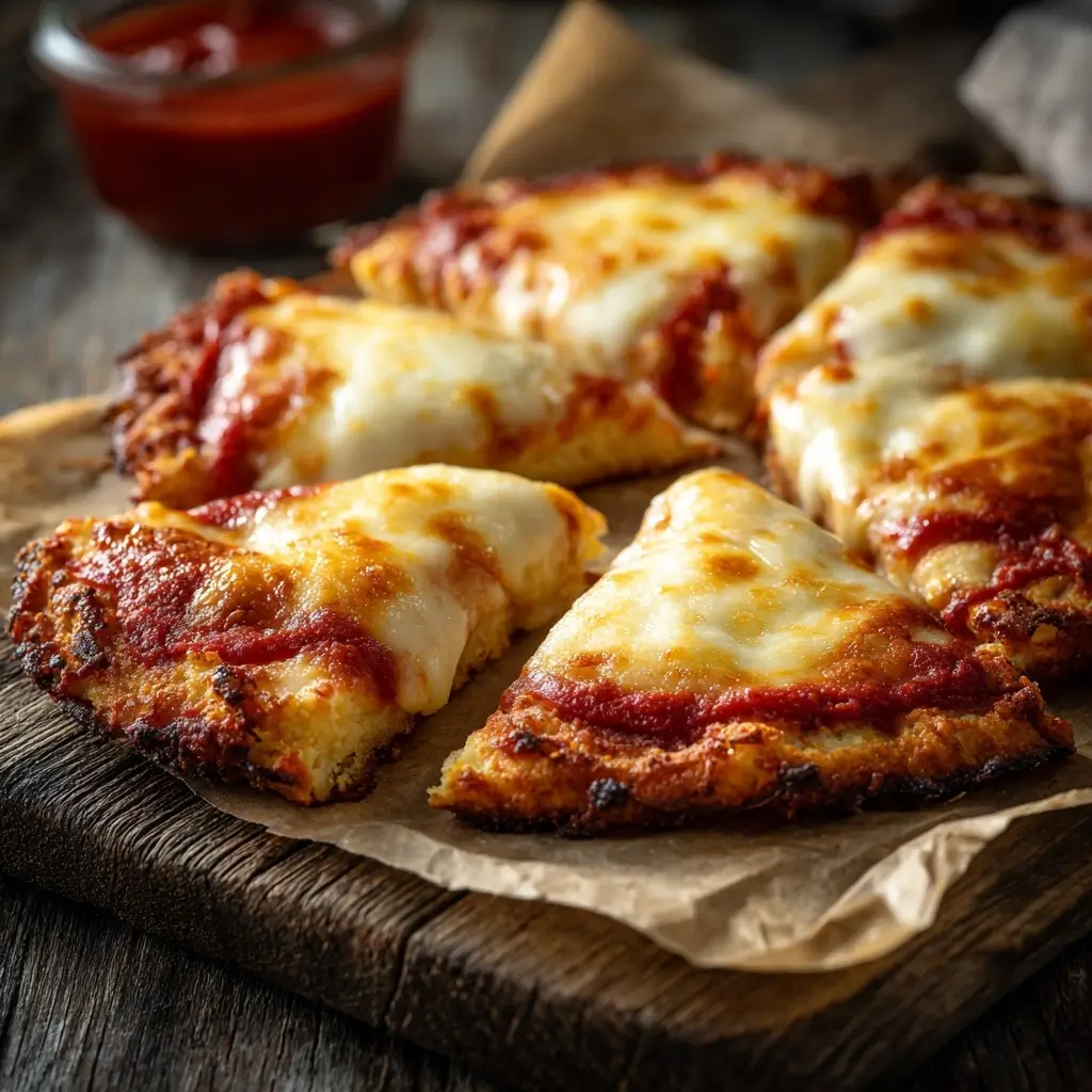 Baked 3-ingredient cottage cheese pizza crust topped with melted cheese and tomato sauce