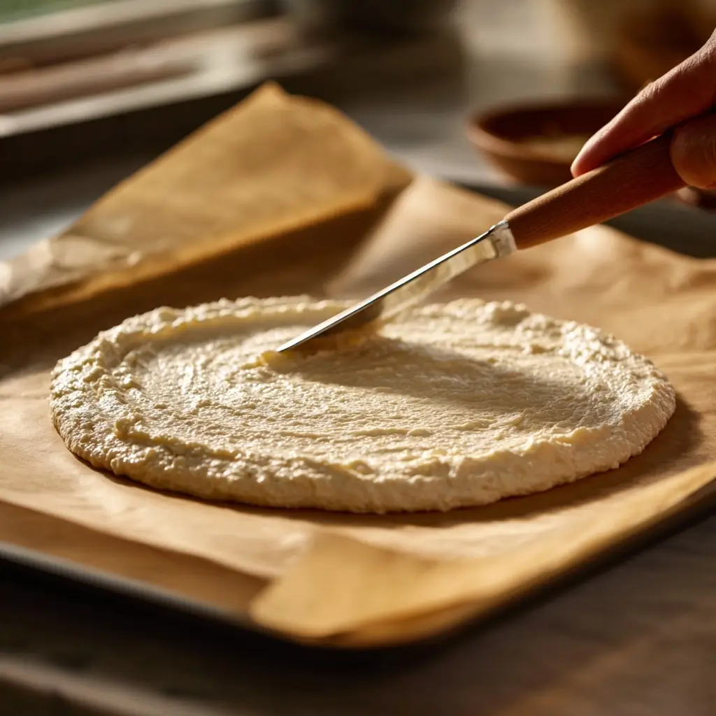Spreading cottage cheese pizza crust batter onto parchment paper before baking