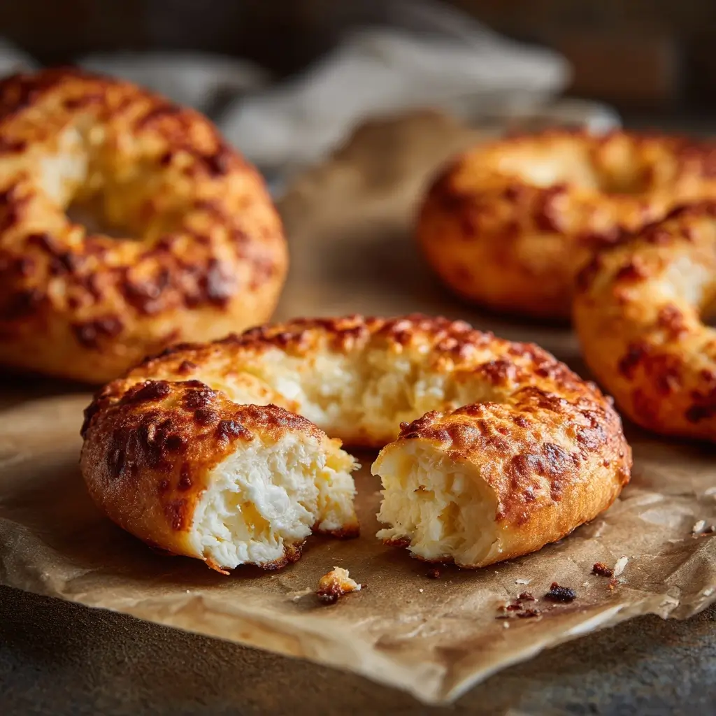 Cottage cheese protein bagels baked until golden and sliced to show fluffy high-protein interior