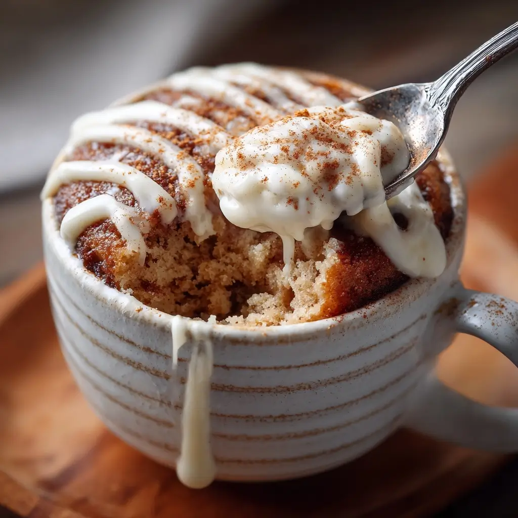 Finished cottage cheese cinnamon roll mug cake with cream cheese topping