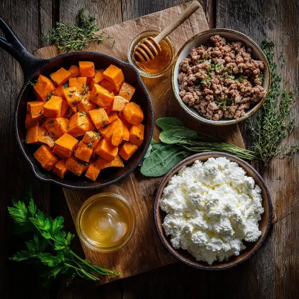 Ingredients for hot honey cottage cheese sweet potato beef bowl