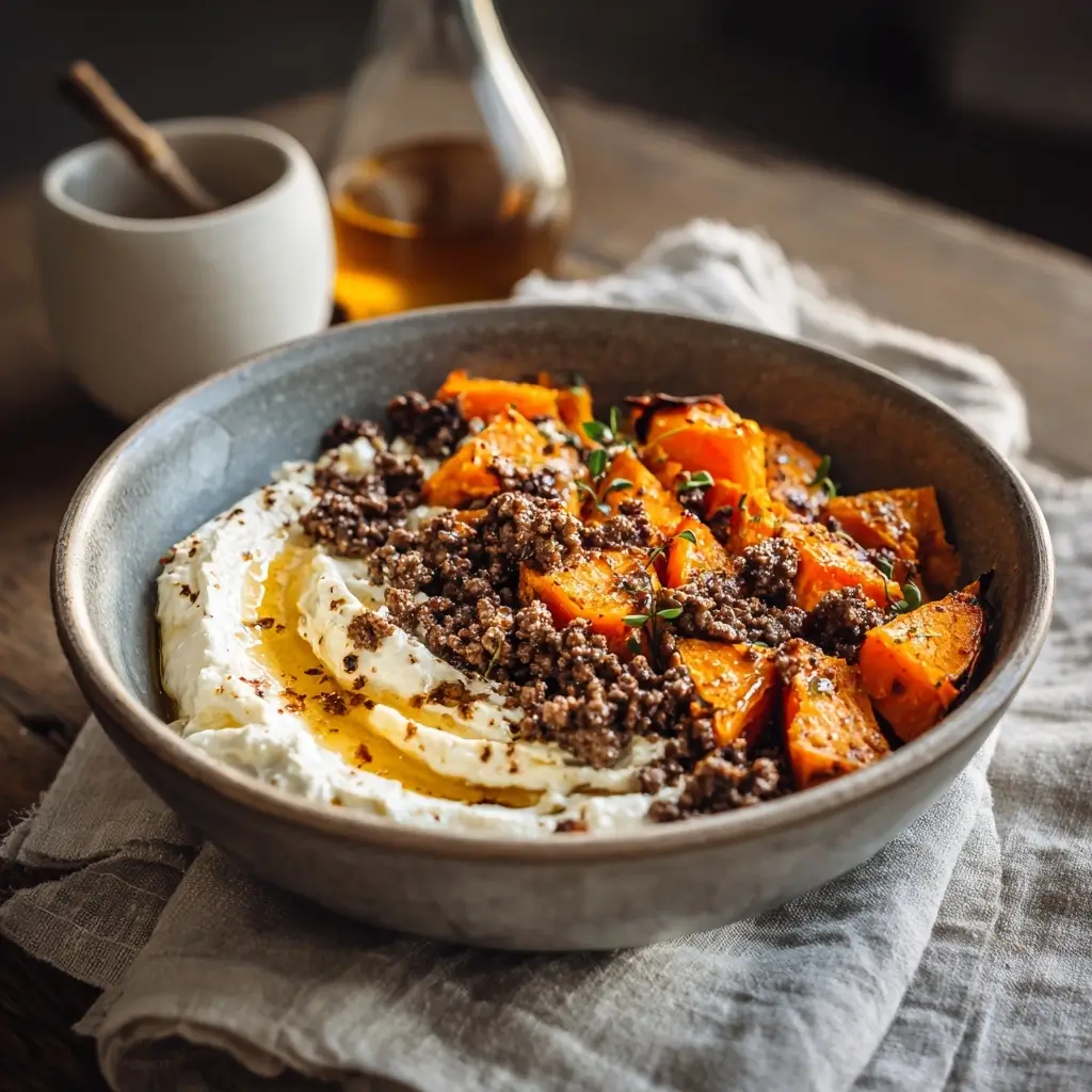 Hot honey cottage cheese sweet potato beef bowl