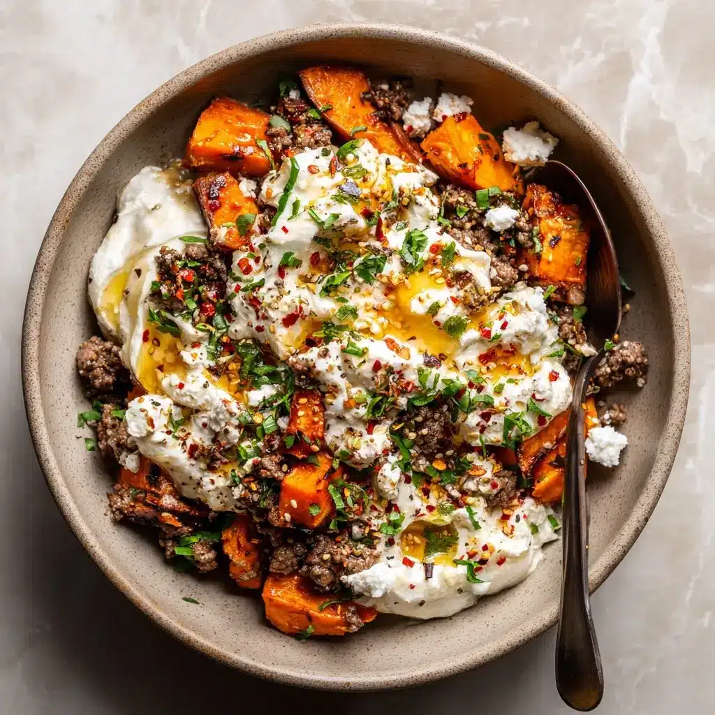 Assembled hot honey cottage cheese sweet potato beef bowl