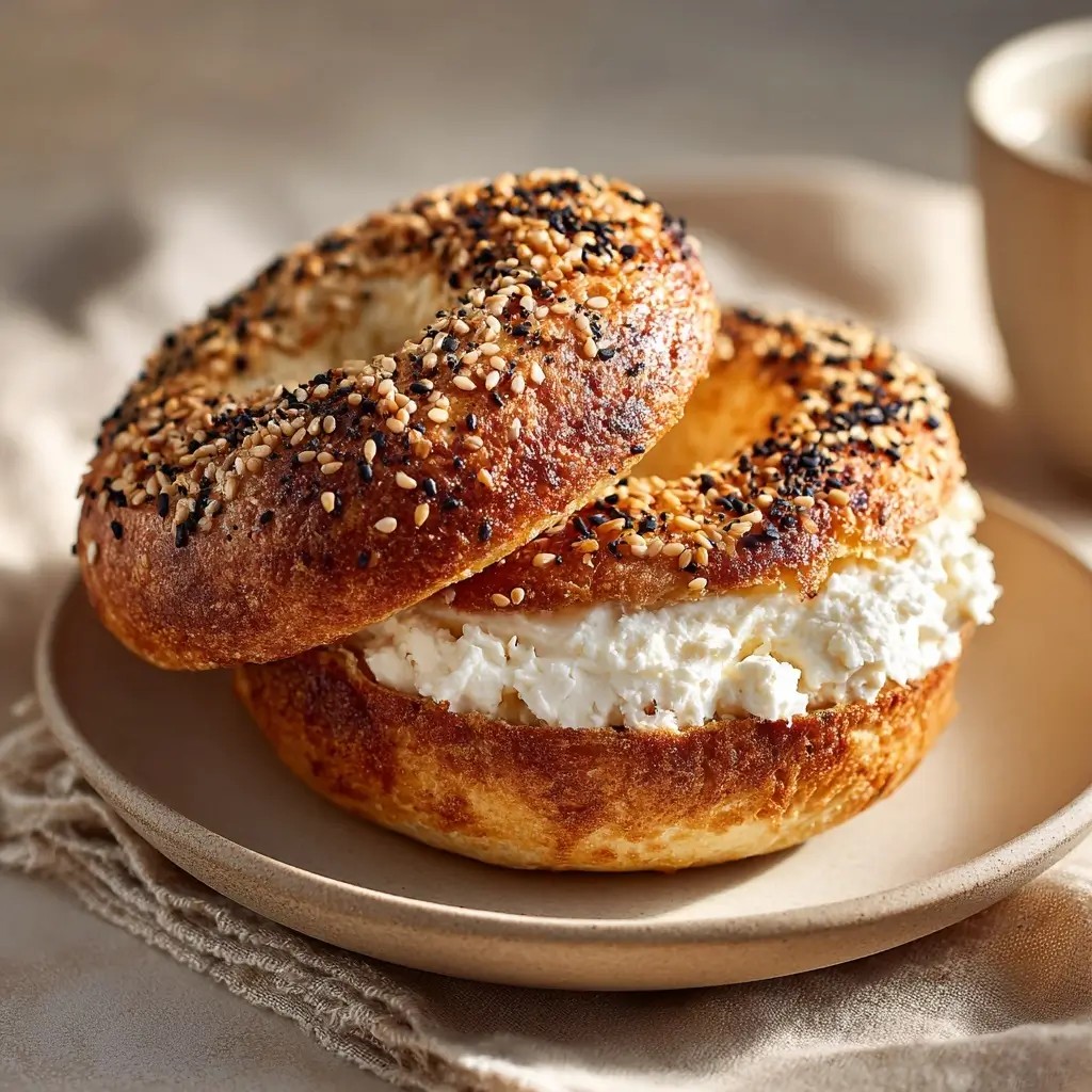 Toasted cottage cheese protein bagels served with cream cheese for a high-protein breakfast
