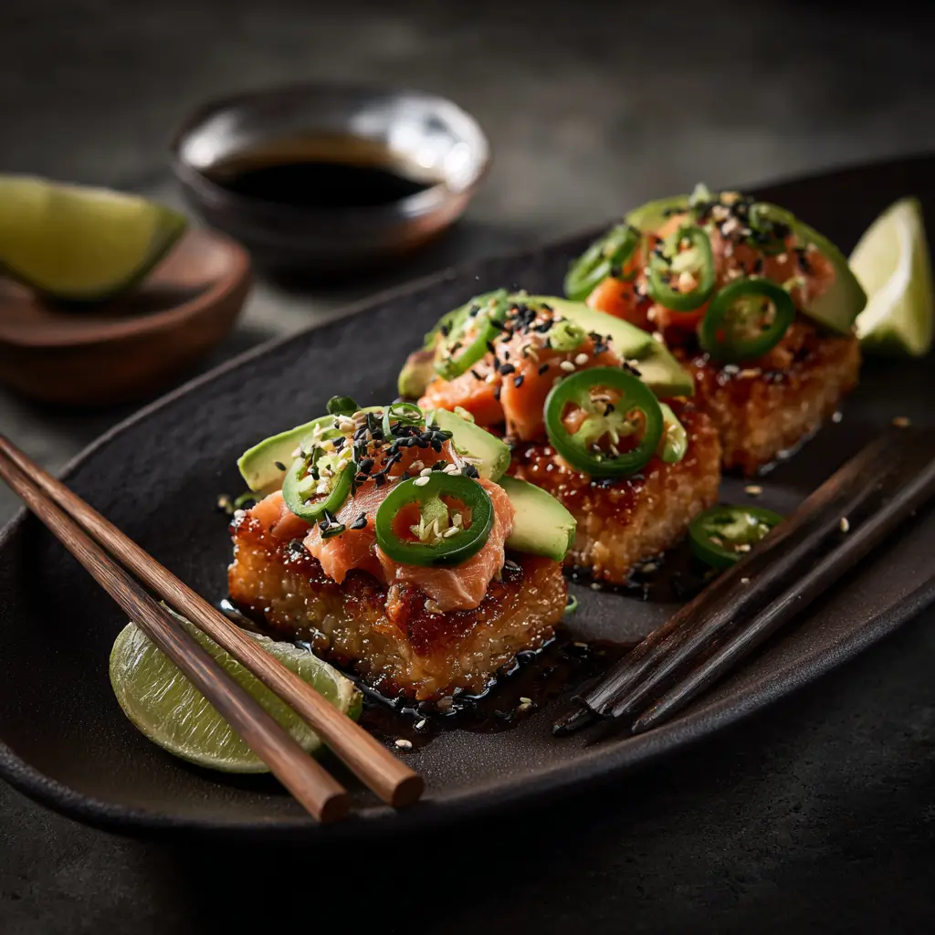 Spicy salmon crispy rice served on a ceramic plate