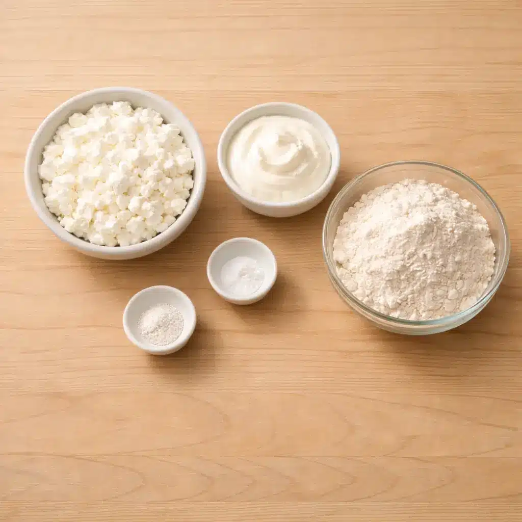 Ingredients for 2-ingredient cottage cheese yogurt flatbread arranged on a wooden table