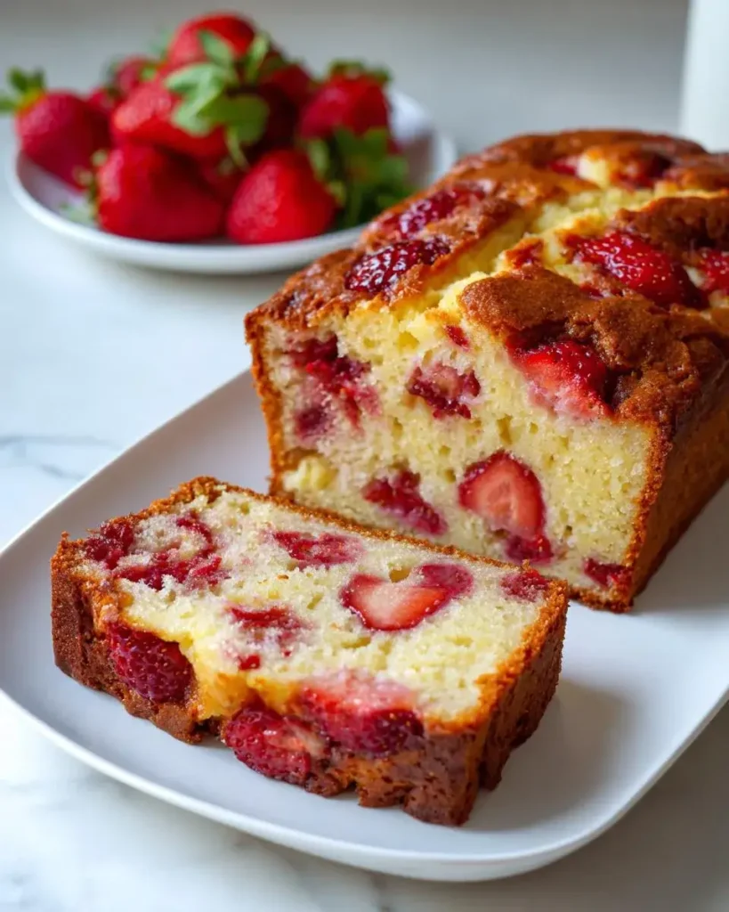 Flourless strawberry cottage cheese loaf sliced on a wooden board with fresh strawberries