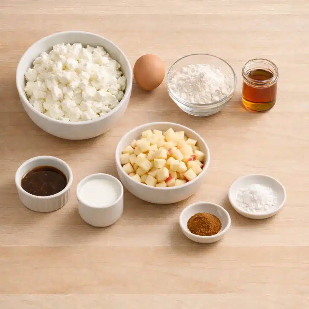 Apple Pie Cottage Cheese Mug Cake 3 Ingredients for apple pie cottage cheese mug cake including diced apples, cinnamon, and cottage cheese