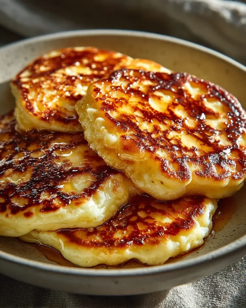 Fluffy apple pie cottage pancakes stacked and drizzled with maple syrup, topped with diced apples and cinnamon
