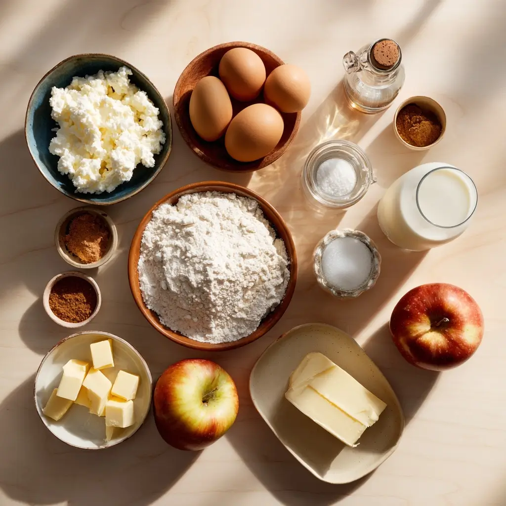 Ingredients for apple pie cottage pancakes including cottage cheese, eggs, milk, diced apples, flour, cinnamon, brown sugar, and butter