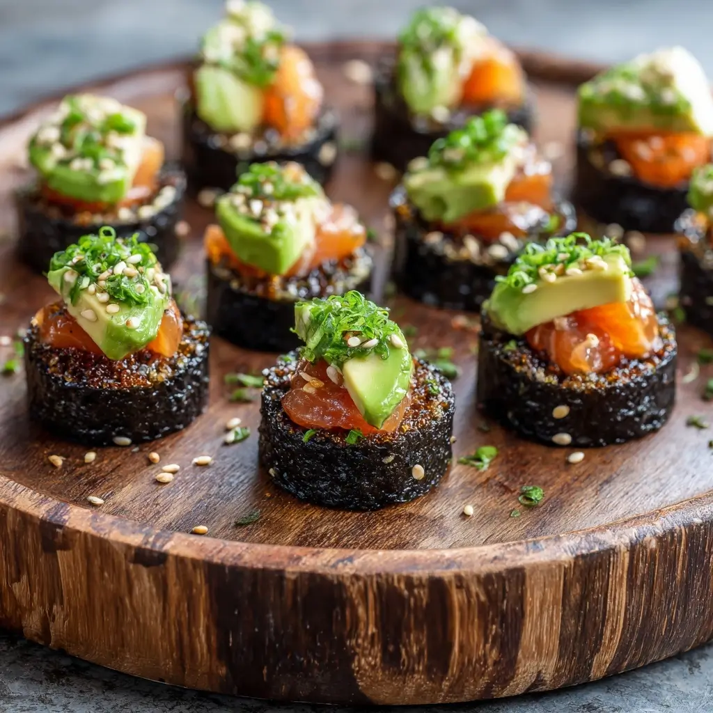 Salmon Nori Bites: Bold, Easy, and Delicious Japanese-Inspired Snacks 6 Assembled salmon nori bites on serving board