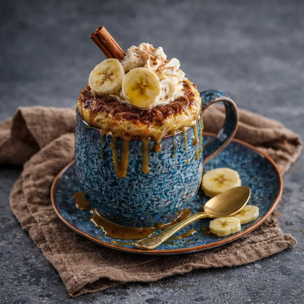 Banana cinnamon cottage cheese mug pancake cooked in a mug, fluffy high-protein breakfast made in the microwave
