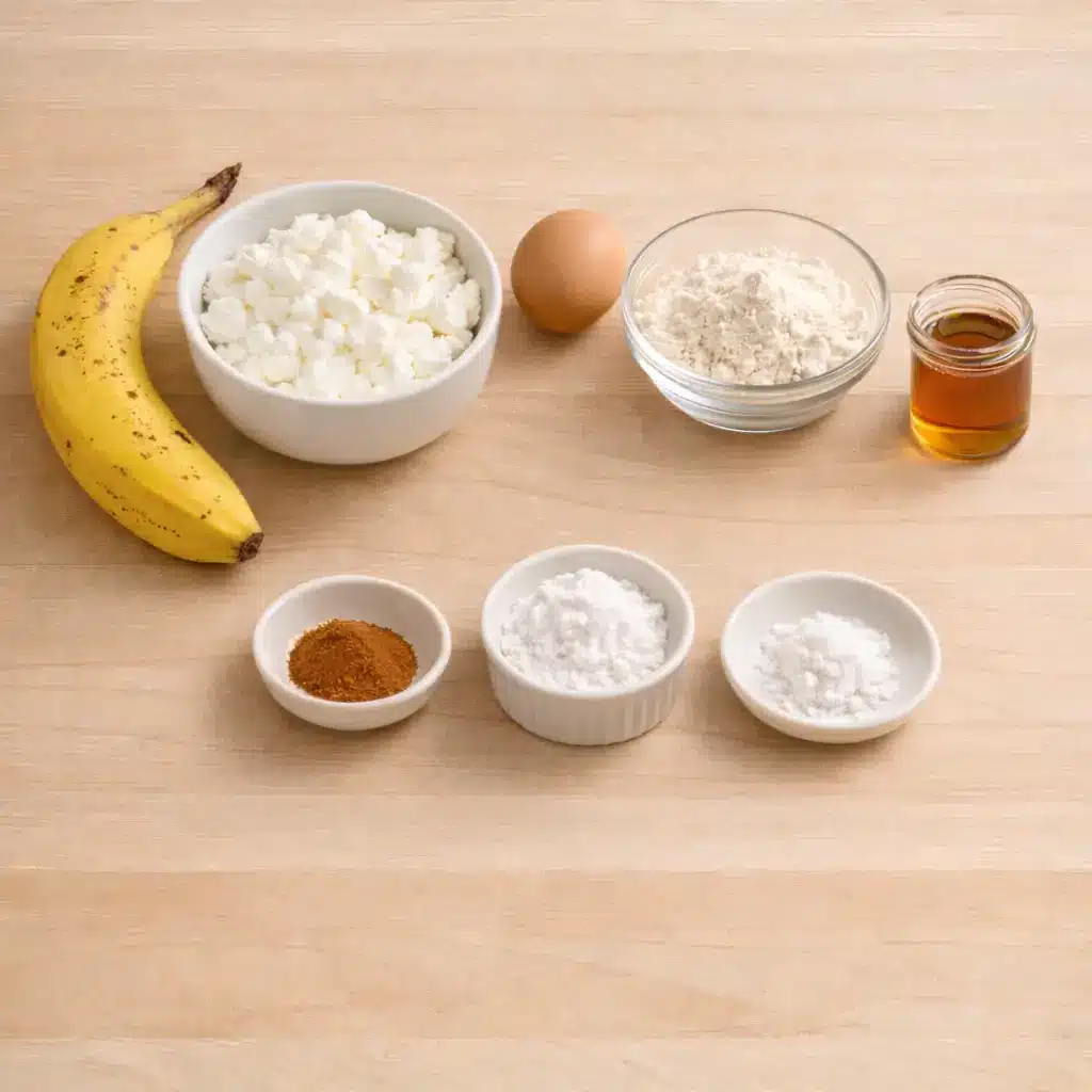 Ingredients for banana cinnamon cottage cheese mug pancake including banana, cottage cheese, egg, oat flour, cinnamon, and maple syrup