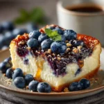 Blueberry cottage cheese bake made with oats and fresh blueberries, baked until golden and creamy