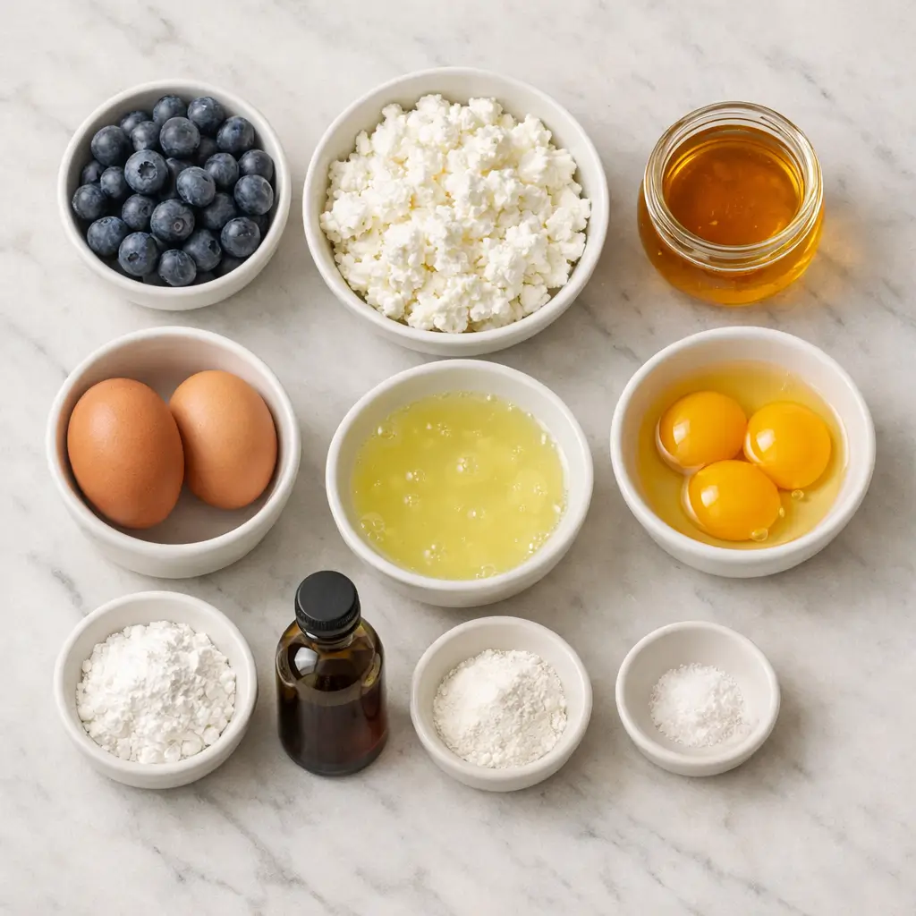 Ingredients for blueberry fluffy cottage cheese cloud bread including cottage cheese, eggs, honey, and fresh blueberries