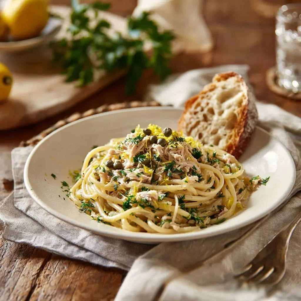 Tuna pasta served with lemon and parsley