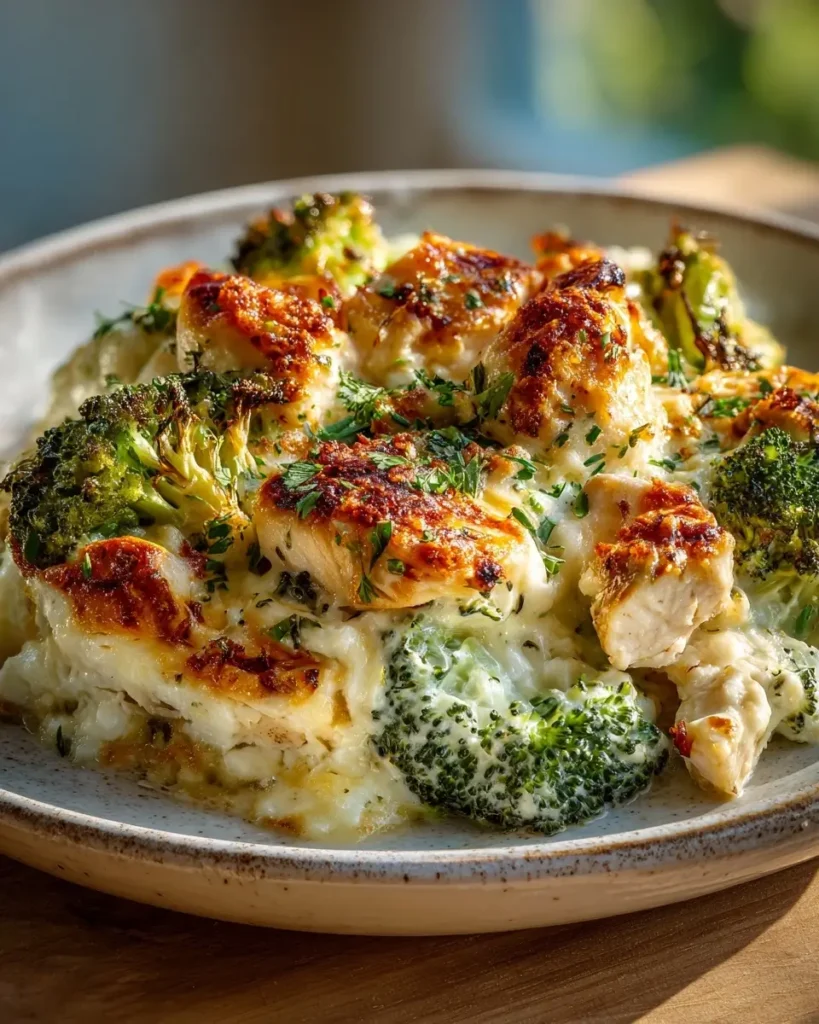 Creamy chicken and broccoli cottage cheese bake fresh from the oven