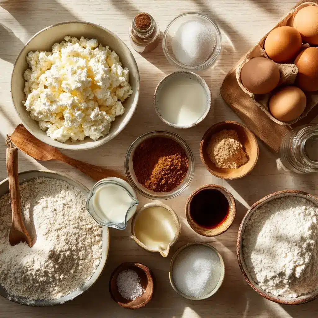 Ingredients for cinnamon sugar cottage muffin bake including cottage cheese, eggs, oats, cinnamon, and maple syrup