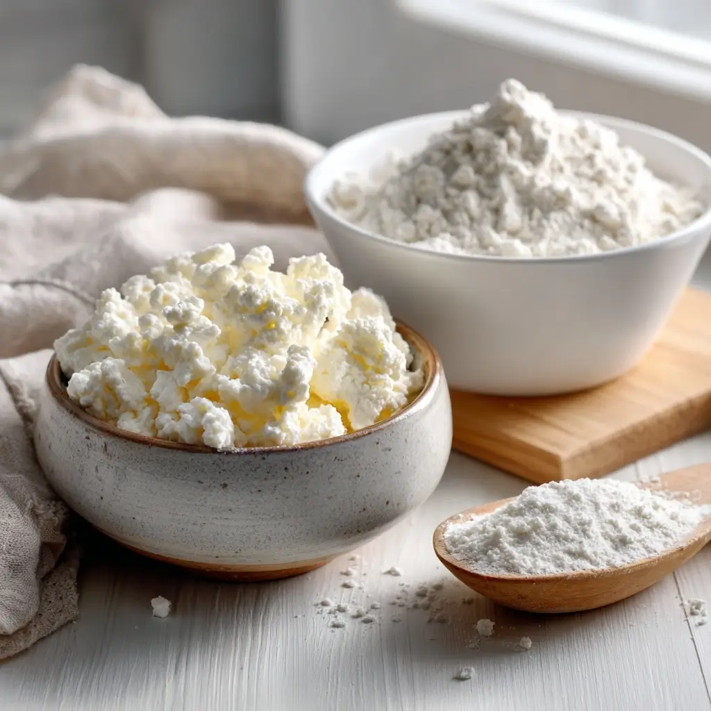 Cottage cheese and self-rising flour in bowls for easy bread recipe
