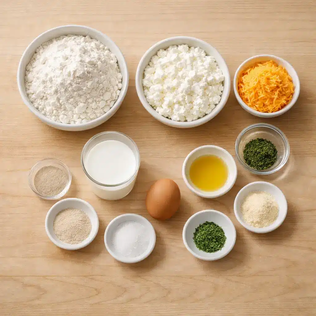 Ingredients for cottage cheese cheddar pull-apart bread arranged on a wooden kitchen table