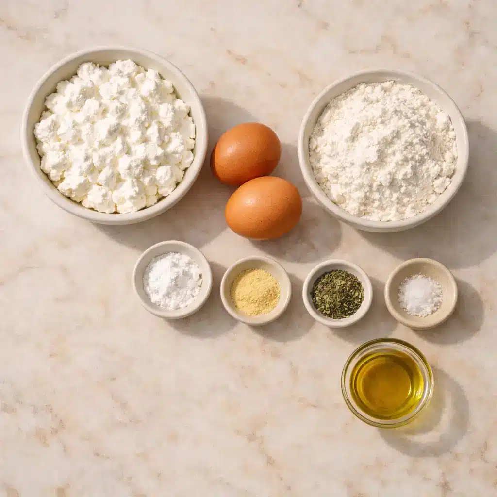 Ingredients for cottage cheese flatbread arranged on a light marble kitchen counter