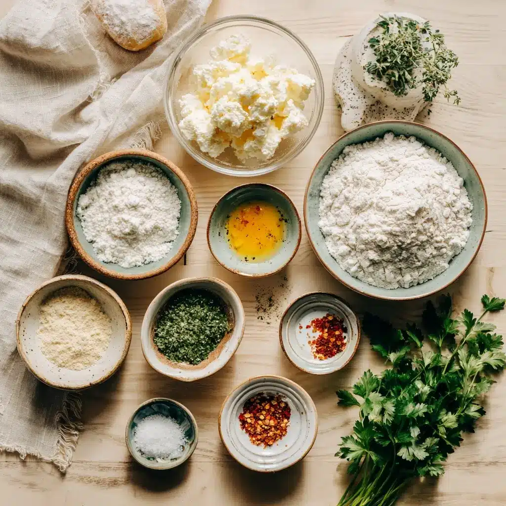 Ingredients for cottage garlic knots including cottage cheese, flour, garlic butter, parsley, and parmesan cheese