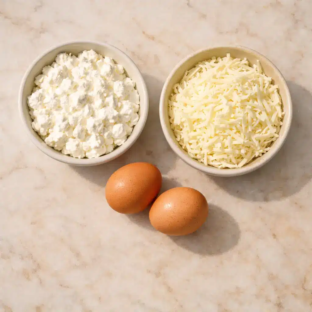Ingredients for crispy 3-ingredient cottage cheese pizza waffles including cottage cheese, eggs, and shredded mozzarella