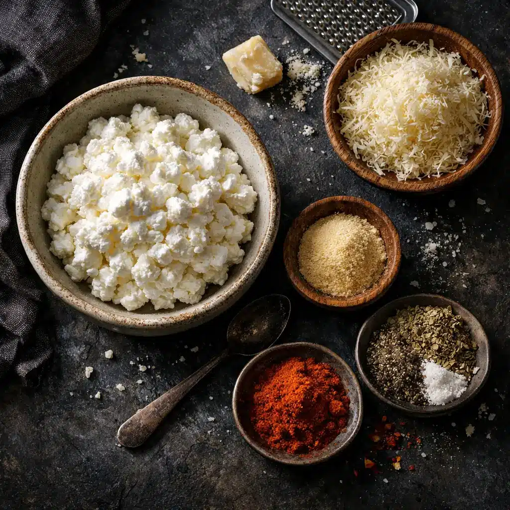 Ingredients for crispy cottage cheese parmesan snack chips including cottage cheese, grated parmesan, and seasonings
