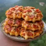 Crispy cottage cheese pizza waffle bites with melted mozzarella and pepperoni served with marinara sauce