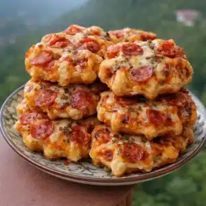 Crispy cottage cheese pizza waffle bites with melted mozzarella and pepperoni served with marinara sauce