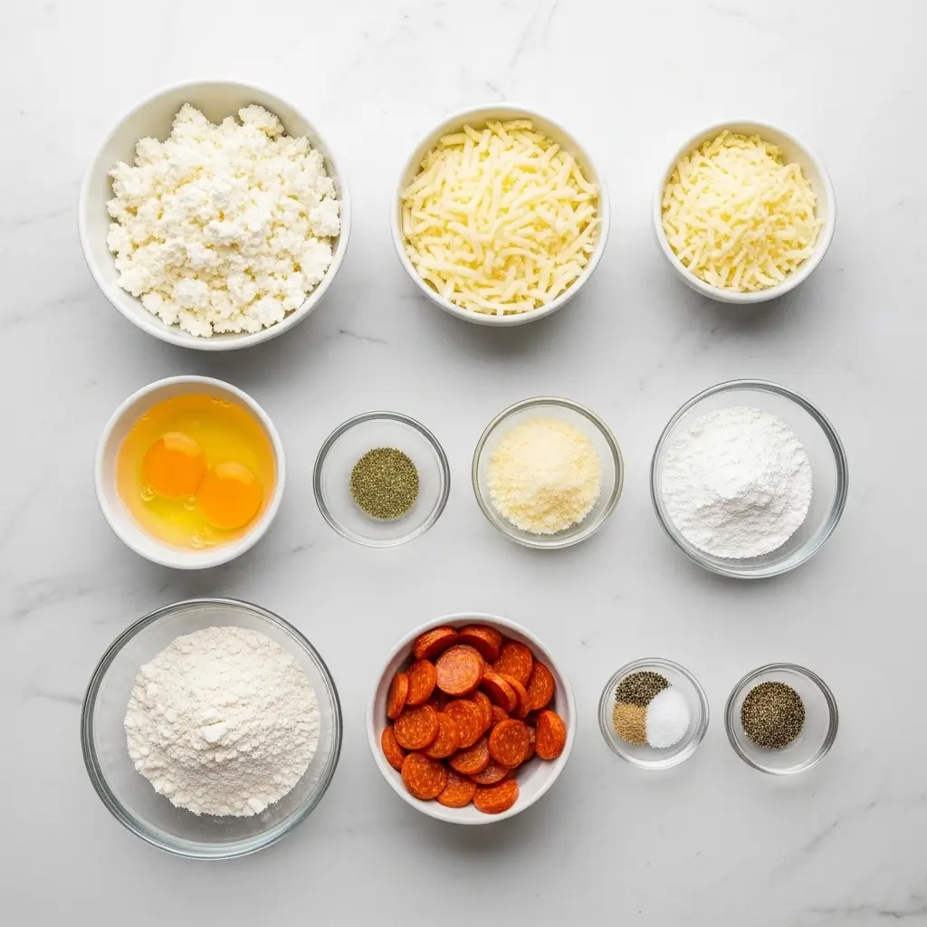 Ingredients for crispy cottage cheese pizza waffle bites including cottage cheese, mozzarella, pepperoni, eggs, flour, and Italian seasoning