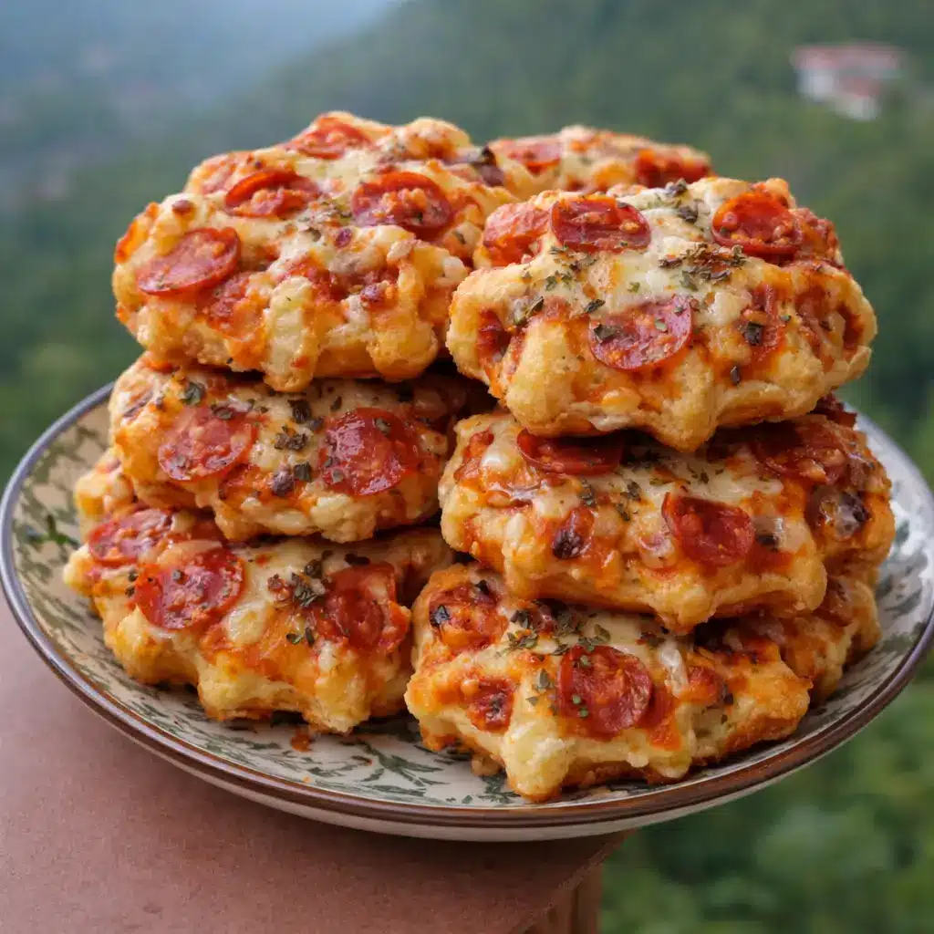 Crispy cottage cheese pizza waffle bites with melted mozzarella and pepperoni served with marinara sauce