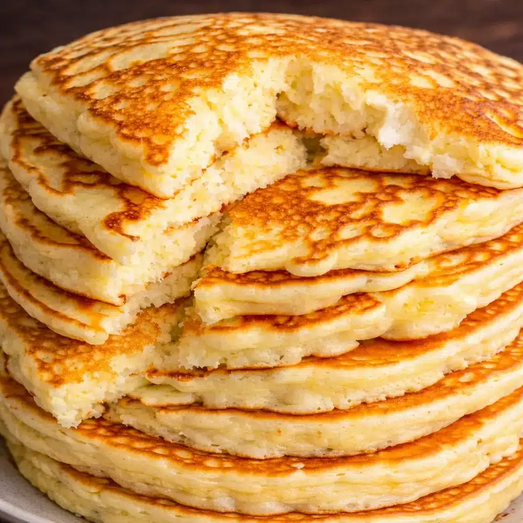 Flourless cottage cheese pancakes stacked on a plate with maple syrup and fresh berries