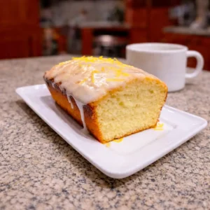 Moist lemon cottage cheese loaf with fresh lemon glaze on a wooden cutting board
