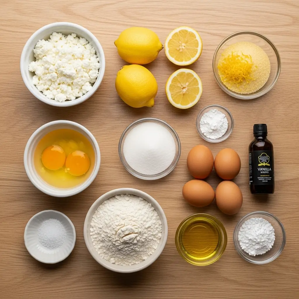 Ingredients for lemon cottage cheese loaf arranged on a wooden kitchen table