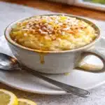 Lemon Honey Cottage Cheese Mug Cake 4 Lemon honey cottage cheese mug cake made in the microwave, fluffy high-protein dessert in a ceramic mug