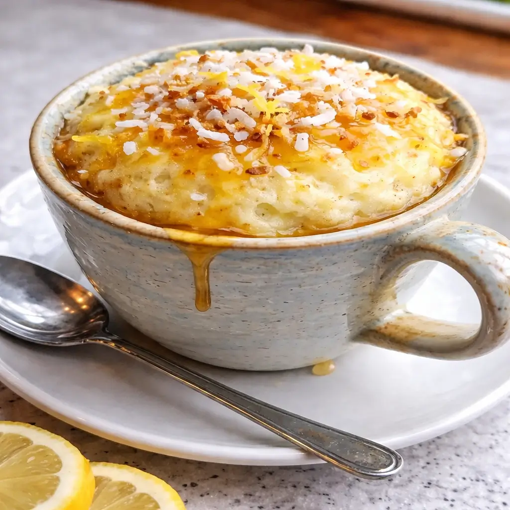 Lemon honey cottage cheese mug cake made in the microwave, fluffy high-protein dessert in a ceramic mug