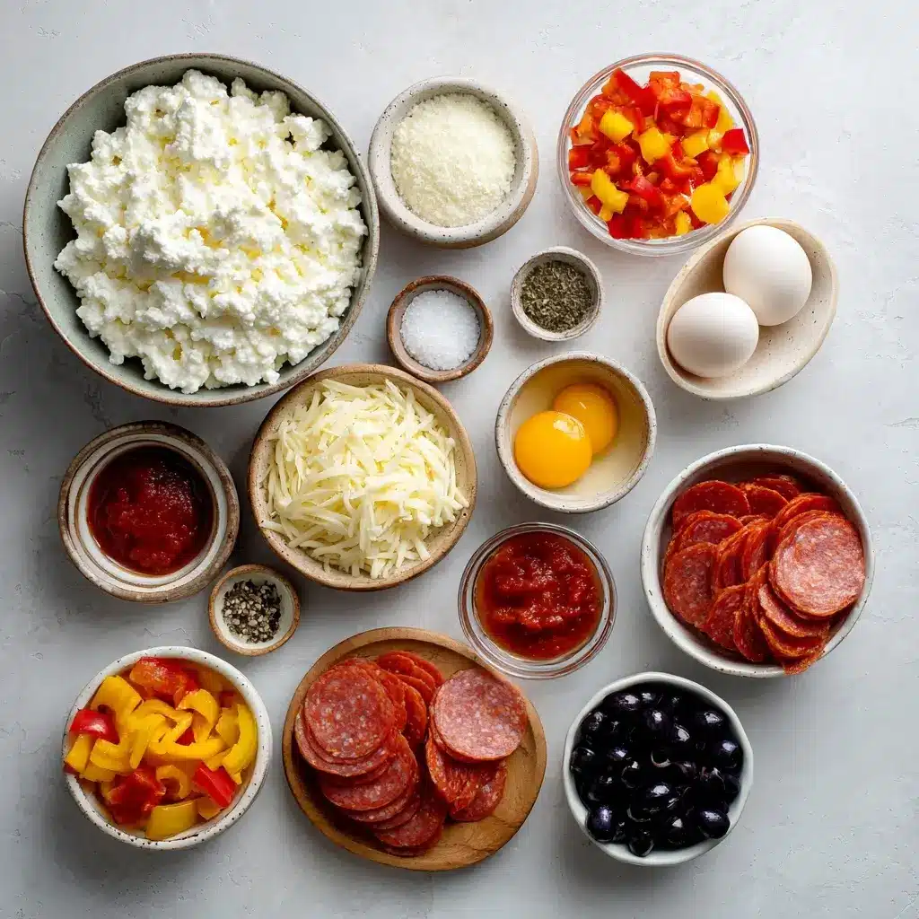 Ingredients for pizza style cottage cheese bake including cottage cheese, mozzarella, eggs, pepperoni, and pizza sauce