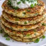Golden savory cottage cheese onion pancakes cooked in a skillet and served warm