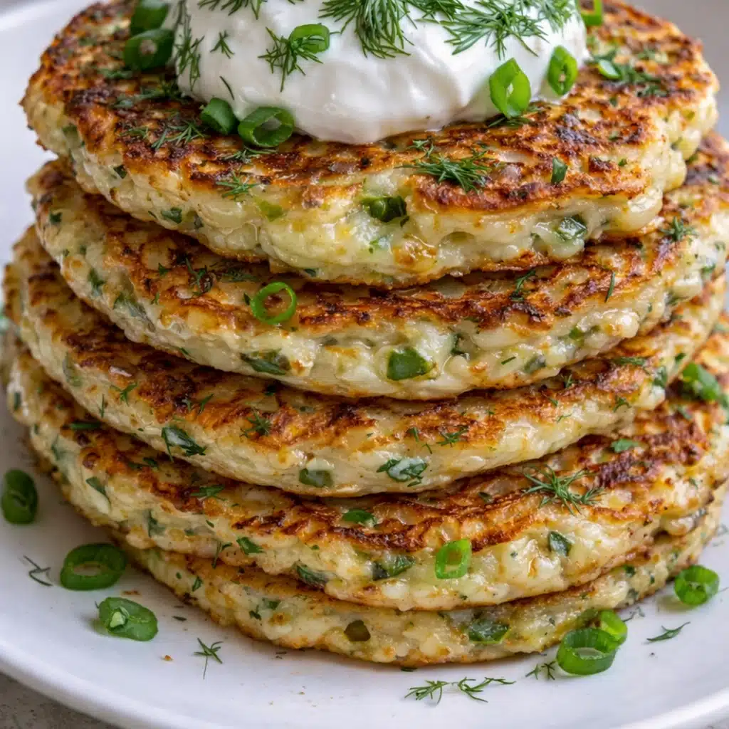 Golden savory cottage cheese onion pancakes cooked in a skillet and served warm