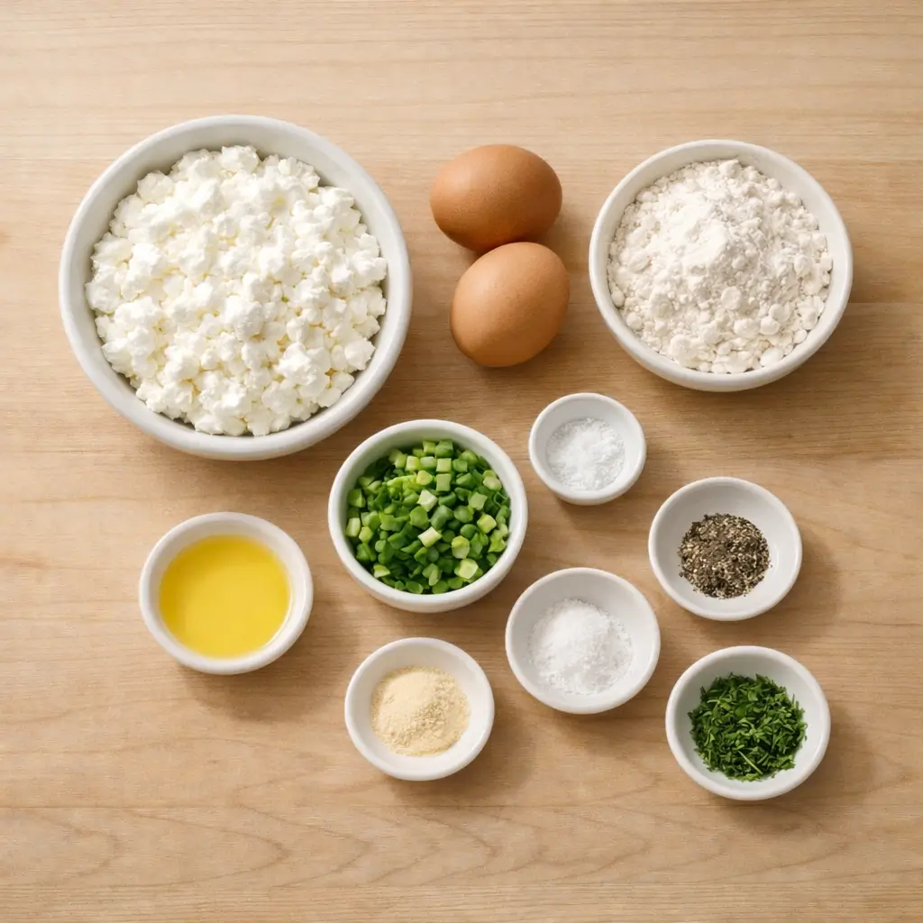 Ingredients for savory cottage cheese onion pancakes arranged on a wooden table